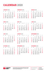 Calendar for 2020 year. Week starts on Sunday. Printable vector stationery design template