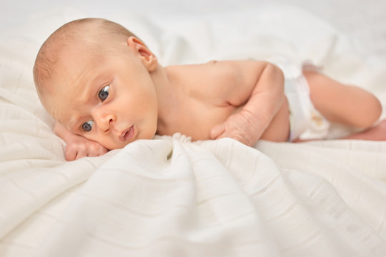 Newborn naked baby child in white diapers. Child on white blanked.