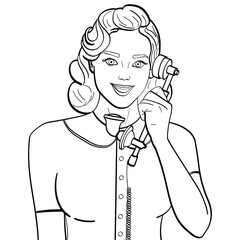 isolated object coloring, black lines, white background. Retro girl, brunette talking on old phone. Comic style, vector