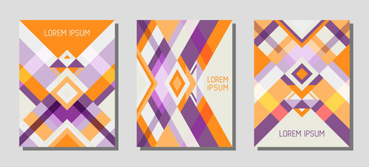 Obraz na płótnie Canvas Cover page layout vector template geometric design with triangles and stripes pattern in orange violet.