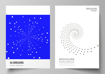 The vector layout of A4 format modern cover mockups design templates for brochure, magazine, flyer, booklet, annual report. Geometric technology background. Abstract monochrome vortex trail.