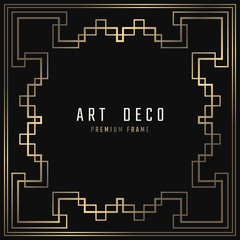Vector card. Art Deco style. Dark golden geometric frame on black background.