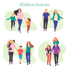 Walk in fresh air. Vector stylized illustration of active young family. Healthy lifestyle.People in the park vector flat illustration.
