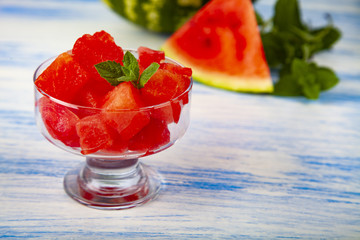Pieces of watermelon and mint in a plate