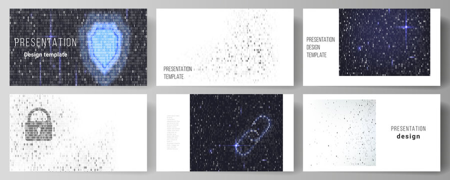 The minimalistic abstract vector layout of the presentation slides design business templates. Binary code background. AI, big data, coding or hacker concept, digital technology background.