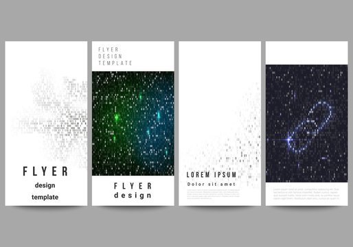 The minimalistic vector illustration of the editable layout of flyer, banner design templates. Binary code background. AI, big data, coding or hacker concept, digital technology background.