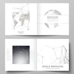 Vector layout of two covers templates for square design bifold brochure, flyer. Futuristic geometric design with world globe, connecting lines and dots. Global network connections, technology concept.