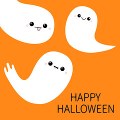 Happy Halloween. Three flying ghost spirit set. Scary white ghosts family. Cute cartoon spooky character. Smiling face, cheeks. Orange background. Greeting card Isolated. Flat design.
