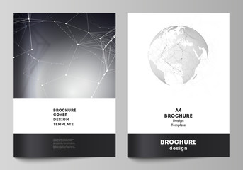 Vector layout of A4 format cover mockups design templates for brochure, flyer, booklet. Futuristic design with world globe, connecting lines and dots. Global network connections, technology concept.