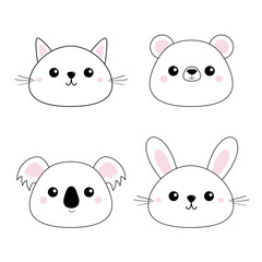 Cat kitten bear, rabbit, hare, grizzly, koala head face set. Doodle linear sketch. Pink cheeks. Cute cartoon character. Pet animal collection. T-shirt design. Baby background. Flat