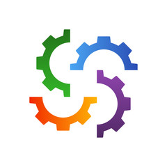 Icono plano 4 engranajes girando en varios colores