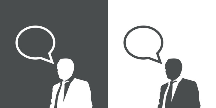 Icono plano hombre de negocios con comentario en gris y blanco
