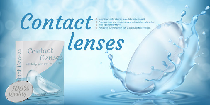 Vector realistic promotion banner with contact lenses in water splashes on blue background. Box with medical accessories for eye care, used to correct vision. Mockup for product ads, package design