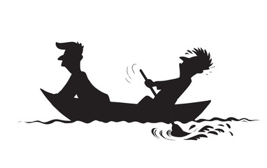 Men are swimming in boat. Vector drawing