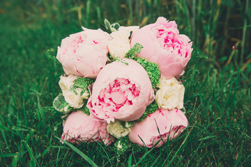 Square Shabby Chic Pink Peony Flowers Bridal Bouquet.