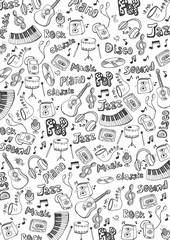 Music background with hand-draw doodle elements. Vector illustration.