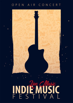 Indie Music Festival. Open Air. Flyer Design Template With Hand-draw Doodle On The Background.