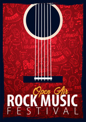 Rock Music Festival. Open Air. Flyer design Template with hand-draw doodle on the background.