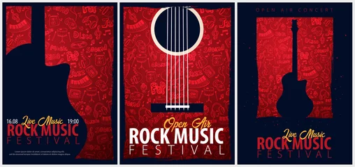 Poster Rock Music Festival. Open Air. Set of Flyers design Template with hand-draw doodle on the background. © leo_d