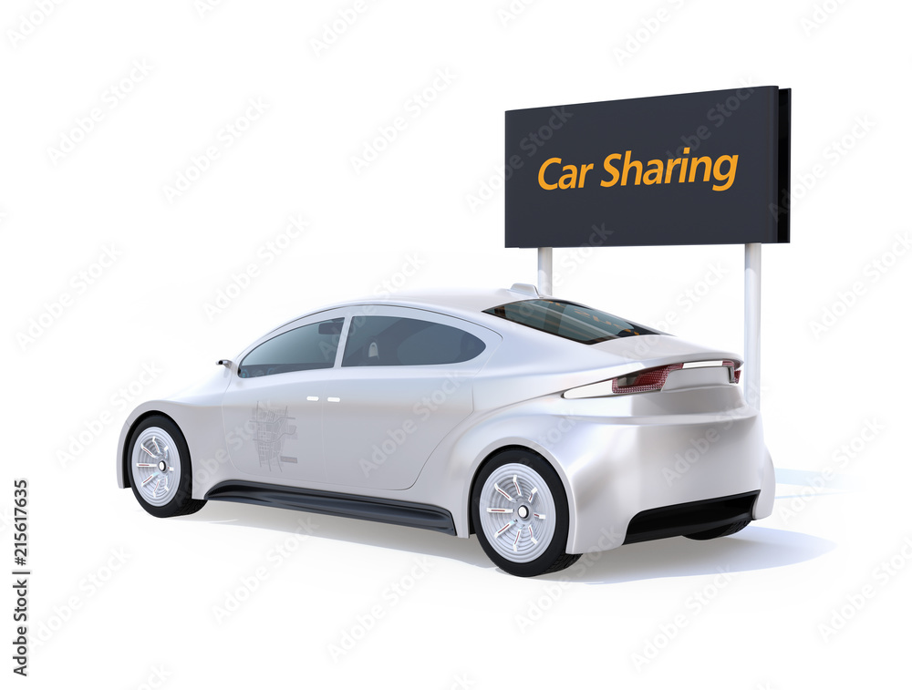 Poster rear view of electric car with car sharing graphic pattern on doors. white background. 3d rendering 
