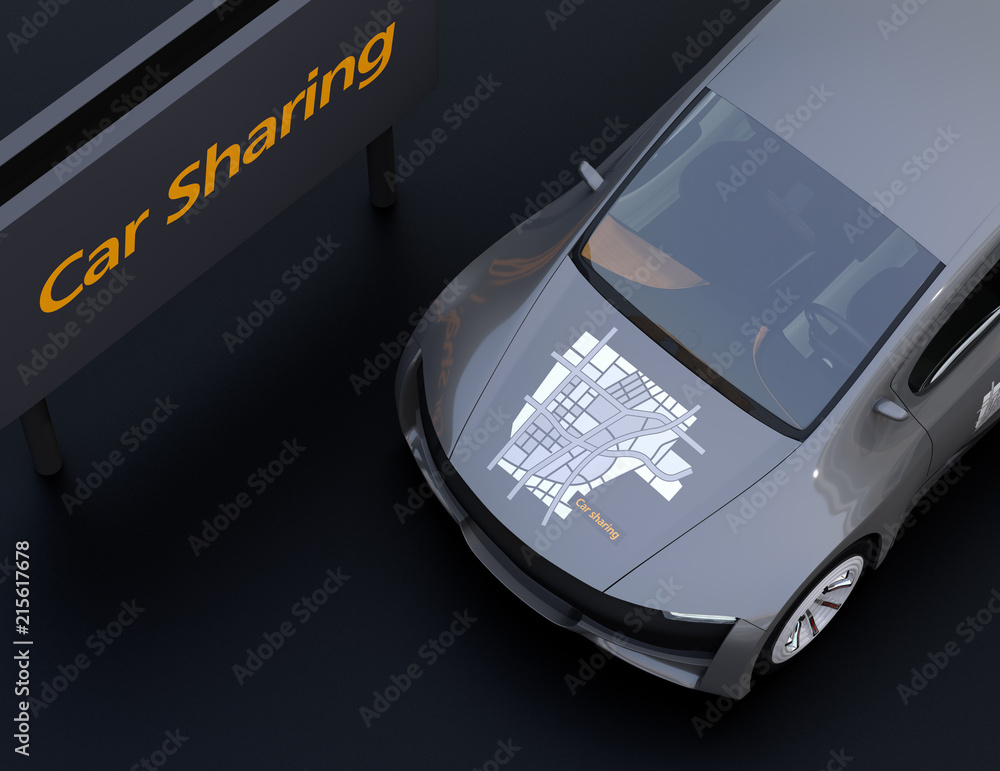 Poster close-up view of metallic gray electric car with car sharing graphic pattern on hood. black backgrou
