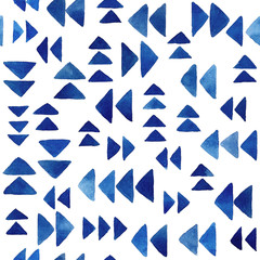 Abstract watercolor background with triangles in indigo blue. Hand painted seamless pattern