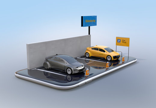 Electric cars with car sharing billboard on smartphone. White background. Car sharing concept. 3D rendering image.