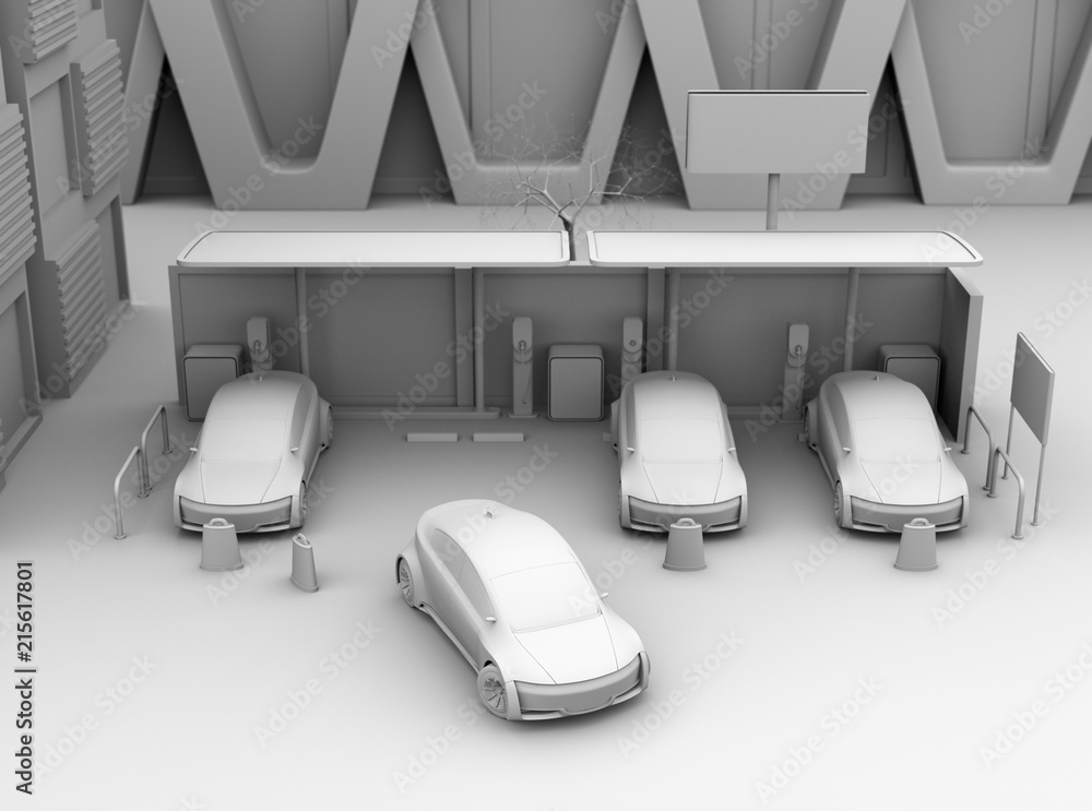 Poster front view of clay shading rendering of electric cars in car sharing only parking lot. 3d rendering 