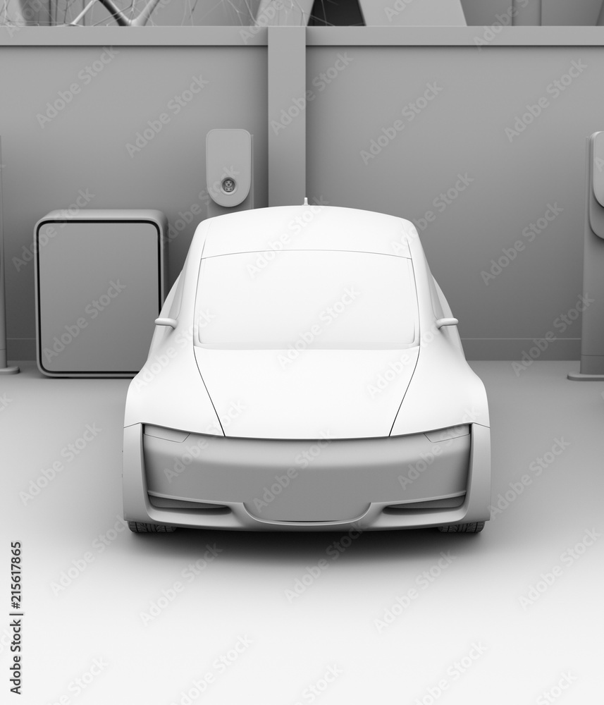 Aufkleber front view of clay shading electric car in car sharing only parking lot. 3d rendering image.