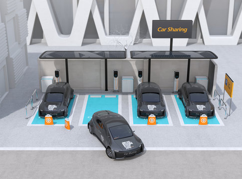 Front view of car sharing parking lot equipped with solar panels, charging stations and batteries. 3D rendering image.