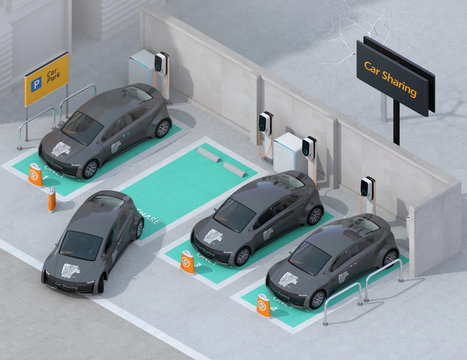 Isometric view of car sharing parking lot equipped with charging station and batteries. 3D rendering image.