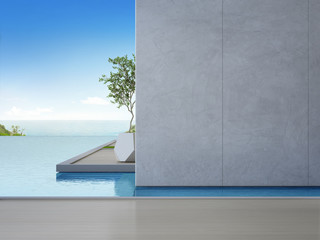 Empty wooden floor with concrete wall background in luxury beach house. Plant on terrace near sea view swimming pool at vacation home or hotel - 3d illustration of contemporary holiday villa exterior