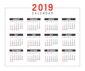 Year 2019 calendar vector template