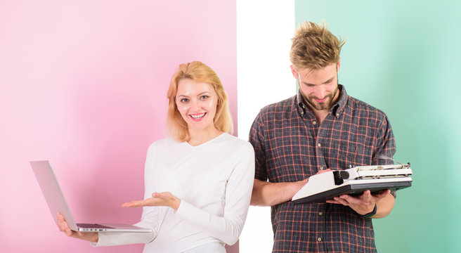 Ways to sell your old stuff for most money. Woman with modern laptop and man with old retro typewriter. Why do you keep outdated stuff. Get rid of junk. Use internet to sell old stuff and earn money