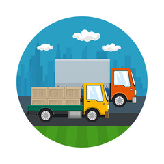 Icon of Road Transport and Logistics, Small Covered Truck and Cargo Van with Boxes Drive on the Road against the Background of the City,  Shipping and Freight of Goods,  Vector Illustration