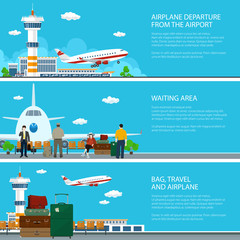 Set of Airport Banners,  Airplane Arrives and Fly away from Airport Terminal , Waiting Room with Travelers and Luggage Bags, Air Travel Concept, Vector Illustration