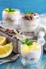 Yogurt with granola and grapefruit