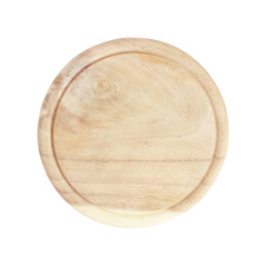 round wooden plate top view on white background