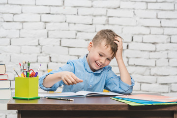 Young boy learning for school with his books 