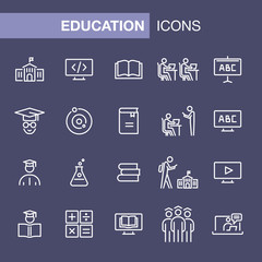 Education icons set simple flat style outline illustration