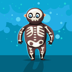 Halloween kids costume of cute fat skeleton on a blue abstract background. Vector cute cartoon flat children character for holiday and partying. Template design for the poster.