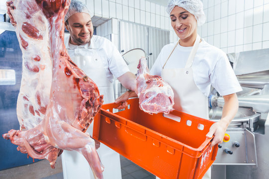 Team of butchers working with meat in butchery putting them in container