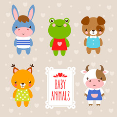 Vector set with cute animals in cartoon style. Illustration in a children's style on a beige background. and place under the text.