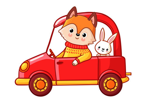 Fox with a hare ride on a red car. Vector illustration with cute animals on a white background.