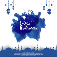 Obraz premium Eid al Adha Mubarak islamic greeting card design. abstract blue watercolor design with dome mosque ornament and hanging lantern element. background Vector illustration.