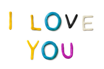 Handmade modeling clay words I love you. Realistic 3d vector lettering isolated on white background. Wedding or Valentines day design.