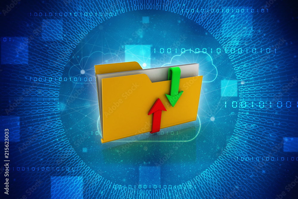 Poster 3d illustration uploading downloading arrow with folder