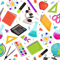 School doodle background. Vector seamless pattern from school elements hand drawn on white background. Back to school backdrop in sketch style.