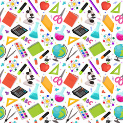 School doodle background. Vector seamless pattern from school elements hand drawn on squared background. Back to school backdrop in sketch style.