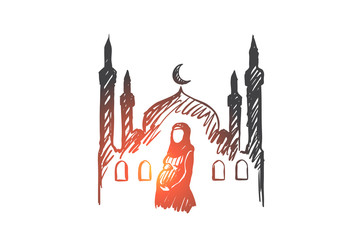 Religion, pregnancy, muslim, arabic, islam, mosque concept. Hand drawn isolated vector
